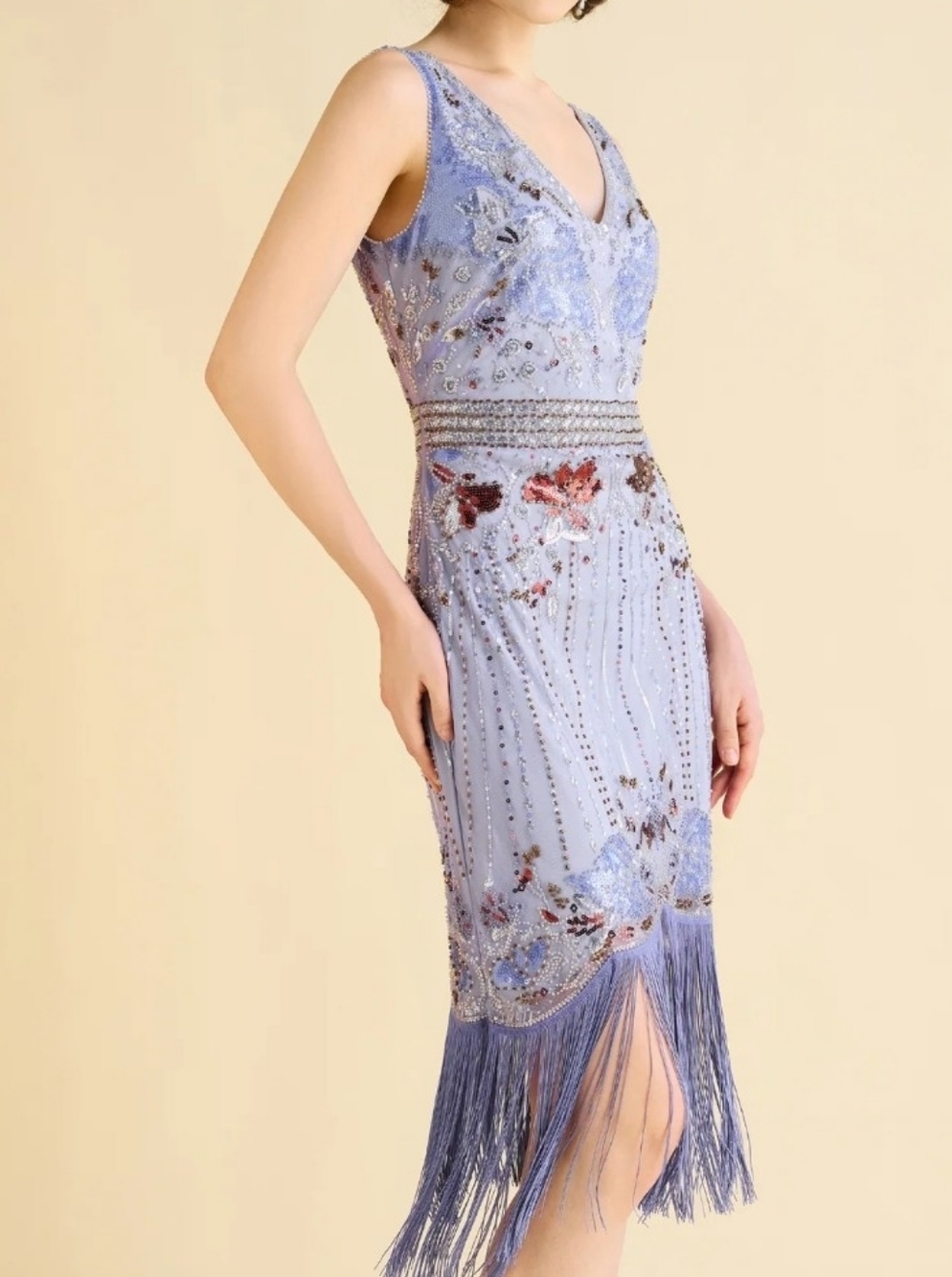 Babeyond Opulent Floral Lavender Beaded Fringe V-Neck Dress